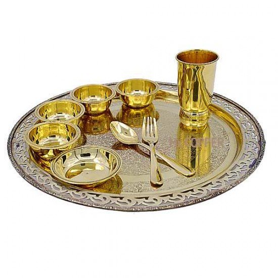 Brass Round Thali Set Laser 9pcs 16"